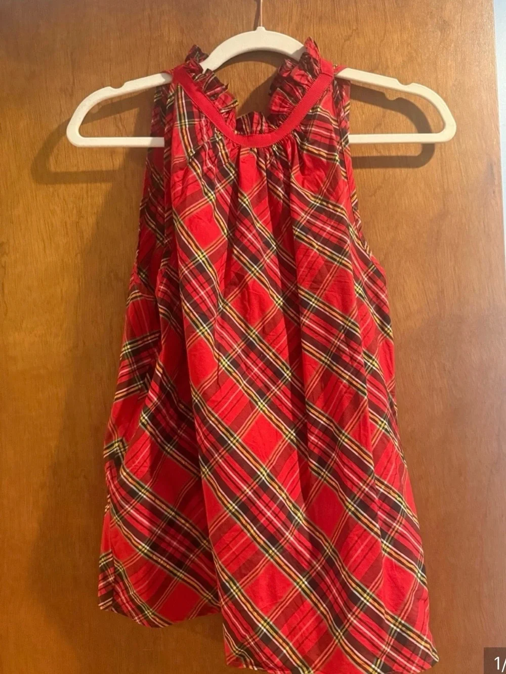 J. Crew Red Plaid Ruffled Neck Tank Top